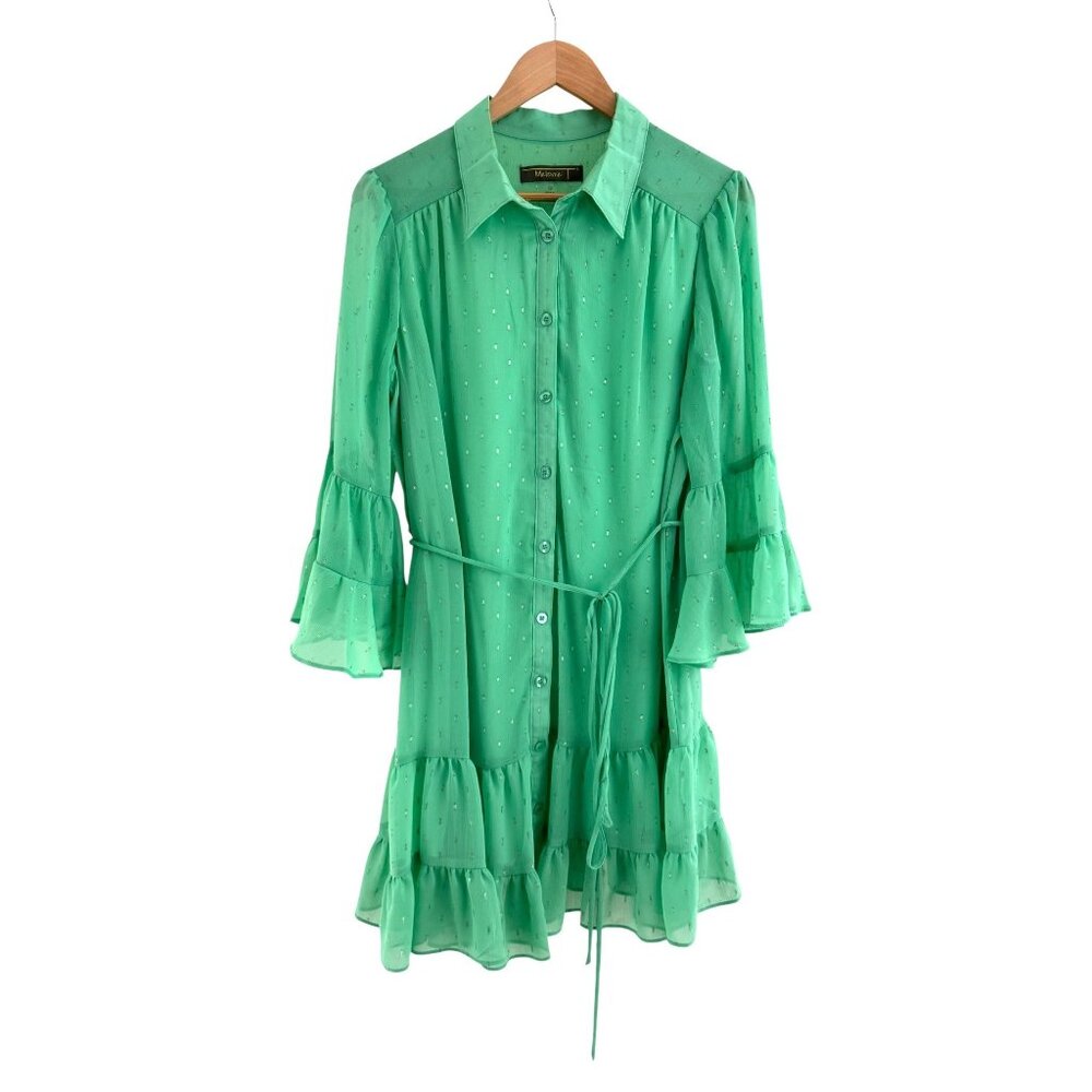 Green Silver Accents‎ Chiffon Ruffle Tiered Dress w/Tie Size 12 Western Country - Picture 2 of 9